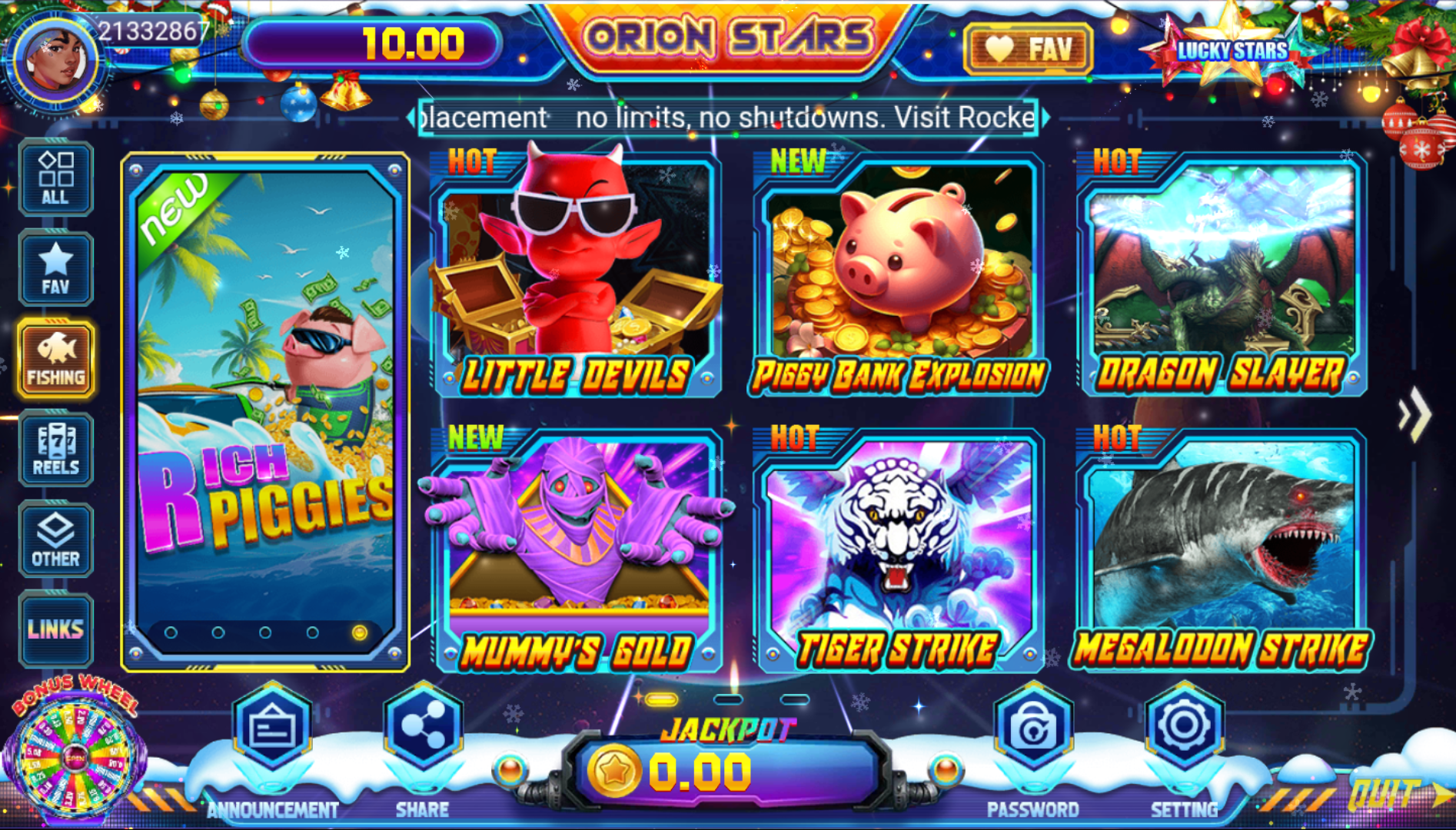 Arcade and Fish shooting game selection